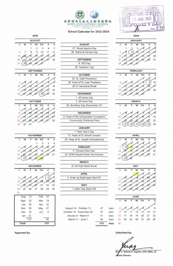 Academic Calendar S.Y. 20232024 Saint Jude Catholic School